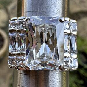VTG Statement Ring Size 9 Radiant Cut Clear Gems 925 Sterling Silver 13.7g